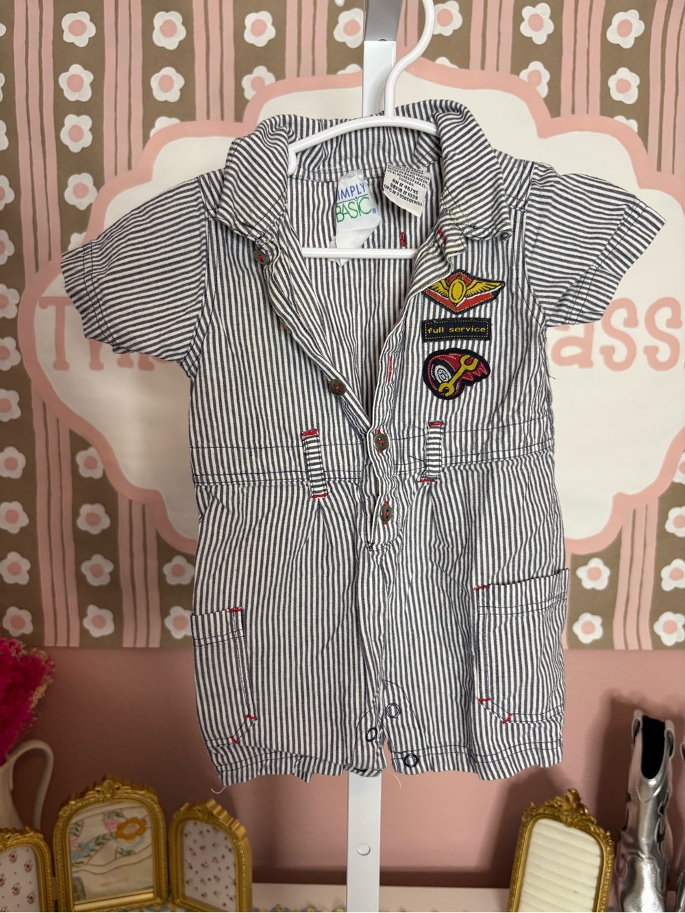 Vintage simply basic Navy Stripe Romper with Patches